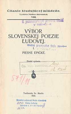 Výbor slovenskej poezie ľudovej I. - piesne epické