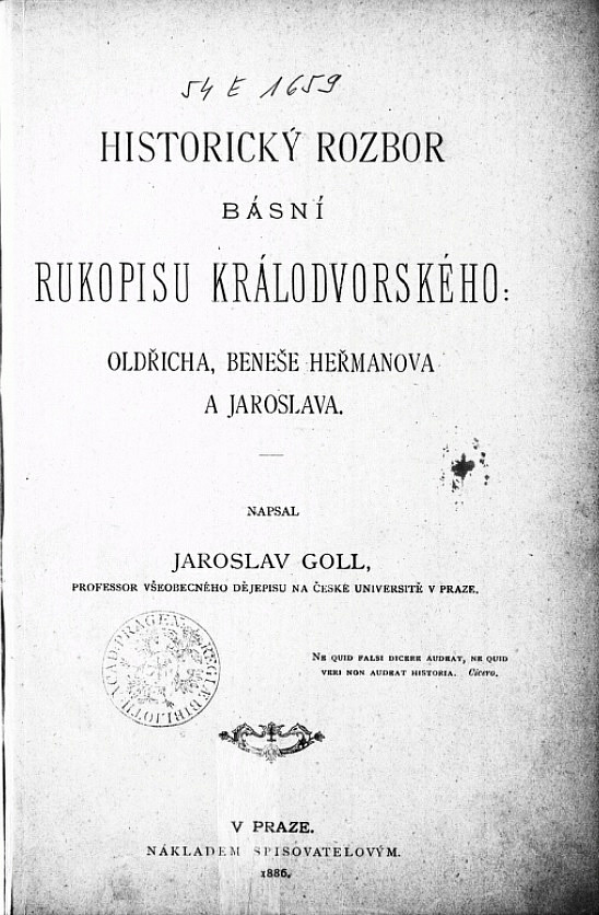 Historický rozbor básní Rukopisu Králodvorského: Oldřicha, Beneše Heřmanova a Jaroslava